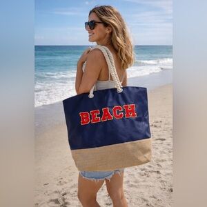 Navy & Natural 'BEACH' Rope-Handle Tote
